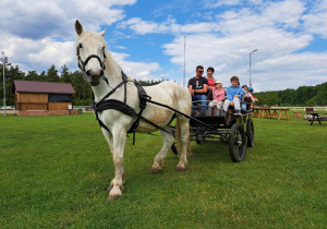 Kilku uczniów wraz z nauczycielem i woźnicą siedzą na bryczce, przygotowani do przejażdżki konnej. Na pierwszym planie zdjęcia jest biały koń.