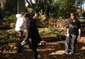 Uczniowie z klasy VII i VIII porządkują groby na Starym Cmentarzu.