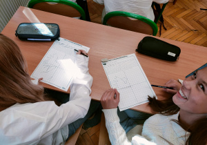 Uczennice klasy VII za pomocą osi współrzędnych wyznaczają Godło Polski