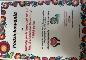 Dyplom dla szkoły za zbiórkę dla zwierząt ze schroniska