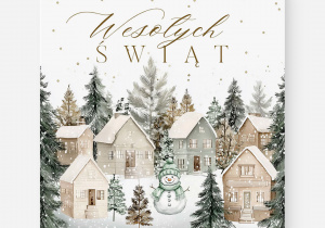 Kartka na której są domki, bałwanek i choinki, wszystko w zaśnieżonej scenerii. Na górze widnieje napis Wesołych Świąt.