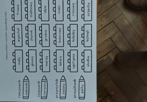 si białe klocki lego z wyrazem w środku. Uczniowie mają za zadanie pokolorować wg kodu. Mają za zadanie rozpoznać części mowy, pokolorować odpowiednimi kolorami aby białe klocki stały się kolorowe.