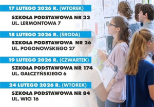 Plakat informujący o tym, w której szkole i którego dnia odbywają się Targi Edukacyjne dla uczniów klas ósmych