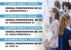 Plakat informujący o tym, w której szkole i którego dnia odbywają się Targi Edukacyjne dla uczniów klas ósmych Tekst alternatywny `alt` zdjęcia: Plakat informujący o tym, w której szkole i którego dnia odbywają się Targi Edukacyjne dla uczniów klas ósmych