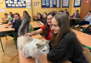 Uczniowie klas VII-VIII zgromadzeni w pracowni matematycznej siedzą w ławkach. Na pierwszym planie zdjęcia uczennice klasy VII głaszczą kota Lalusia