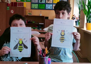 Uczniowie klasy 5 prezentują gotowe rysunki, na których przy pomocy kredek i flamastrów odwzorowali lustrzane odbicie owadów.