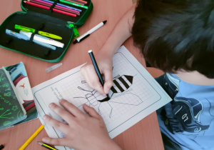 Uczeń klasy 5 rysuje drugą połowę pszczoły, ćwicząc w praktyce temat osi symetrii.