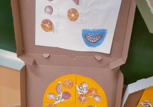 Praca plastyczno-matematyczna ucznia prezentuje kartonową pizzę podzieloną na ćwiartki, z naklejonymi różnorodnymi składnikami oraz przypisanymi do nich ułamkami zwykłymi, co stanowi kreatywne połączenie nauki o ułamkach z zabawą w pizzerię