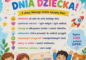 Plakat z życzeniami na dzień dziecka. Kolorowy plakat z literkami, balonami, misiami i uśmiechniętymi dzićmi.